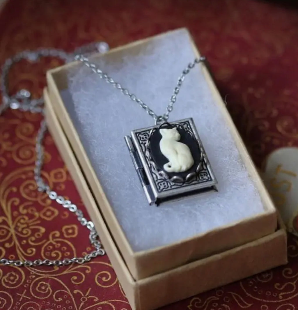 Collier médaillon livre chat plaqué or
