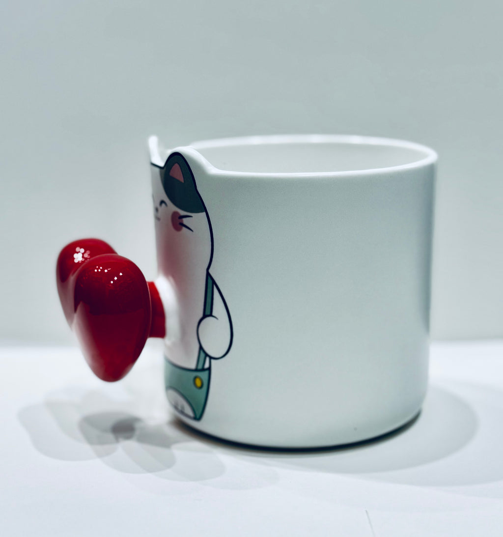 Cat with Heart Handle Mug