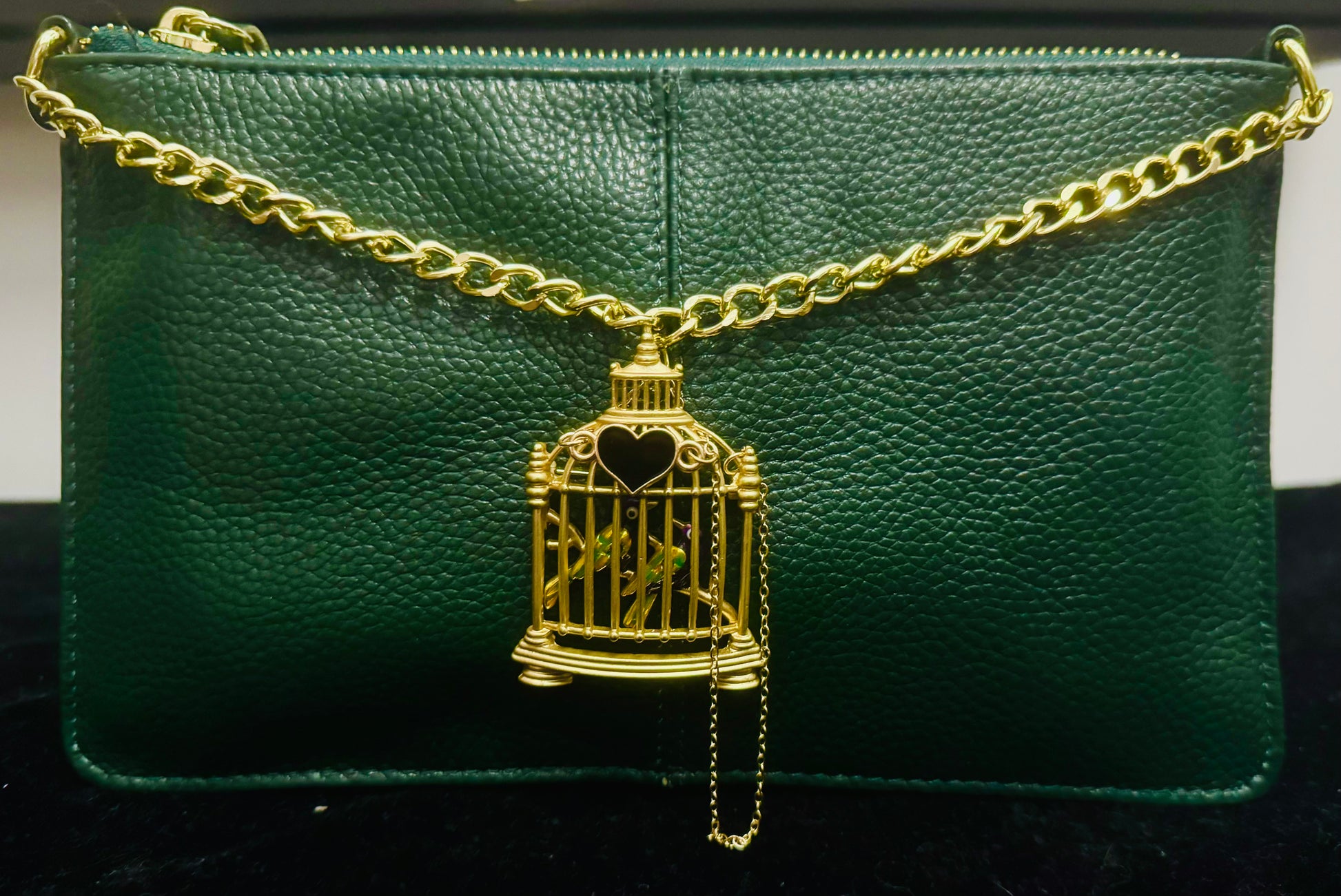 Gold Birdcage Green Leather Clutch