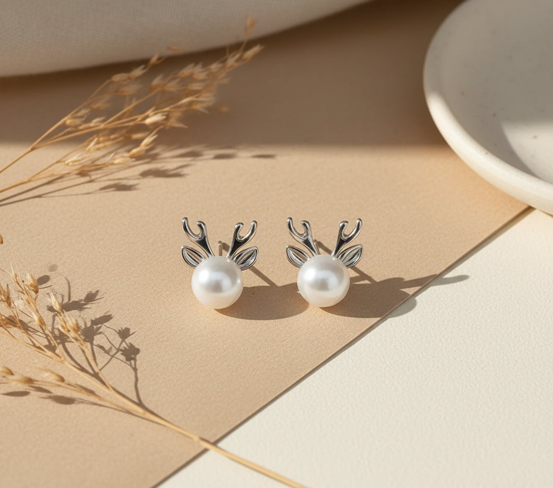 Faux Pearl Reindeer Stud Earrings