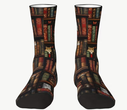Cats on bookshelf socks