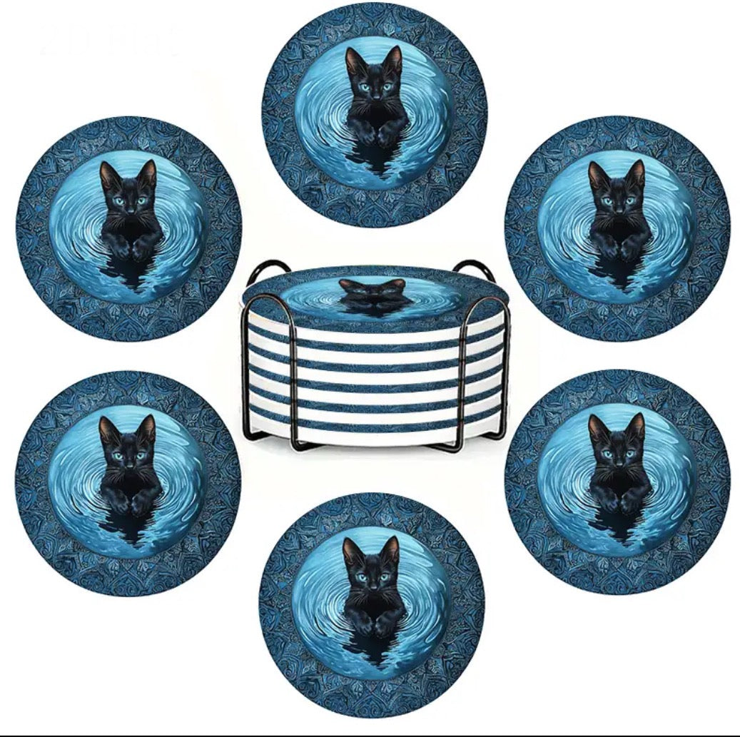 Ceramic Black Cat coaster set of 6