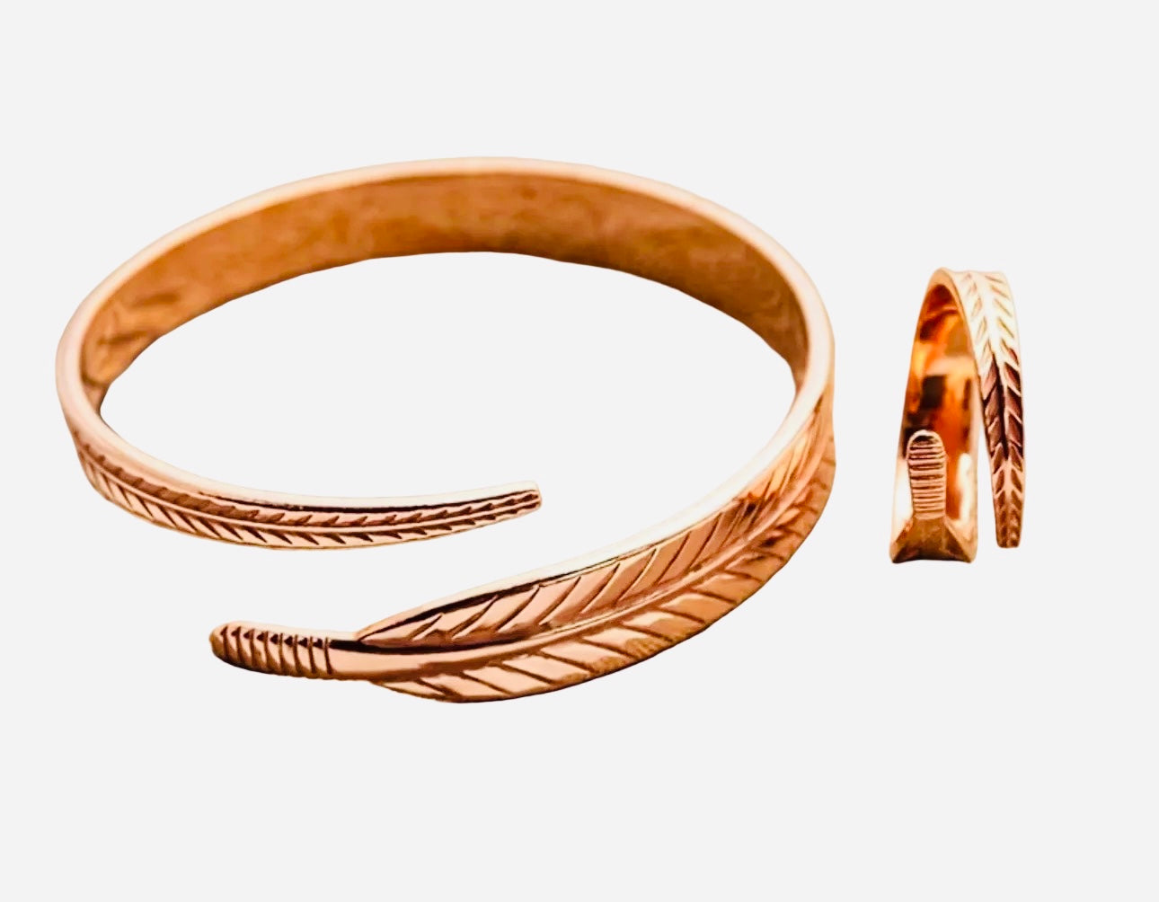 Copper Bracelet & Ring Set (Feather Design)