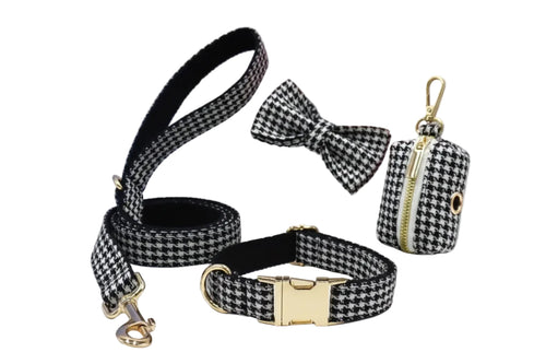 Houndstooth Collar, Bow,  Poop Bag/Treat Holder with Leash (Set of 4)
