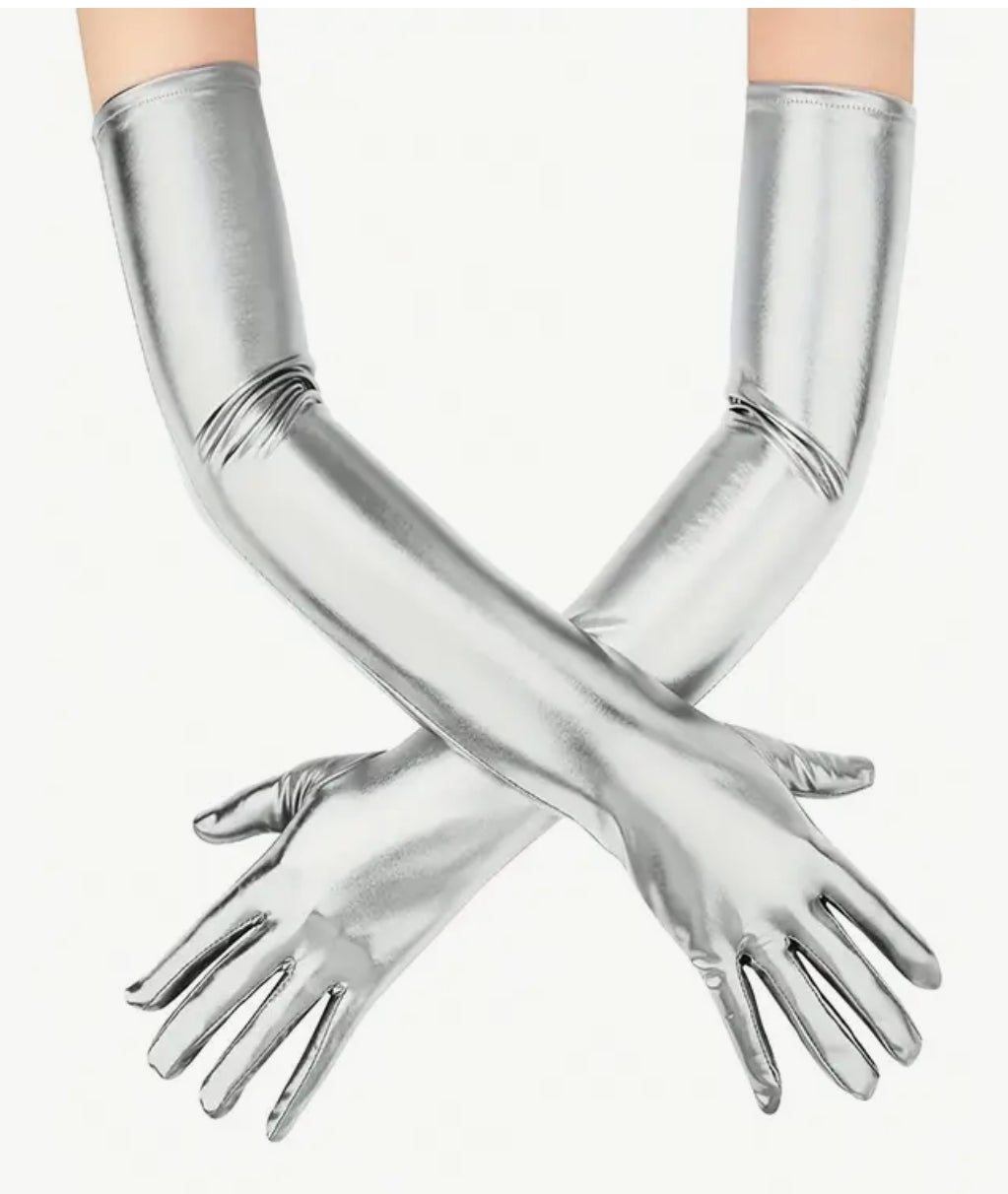 Gants longs en cuir PU argenté