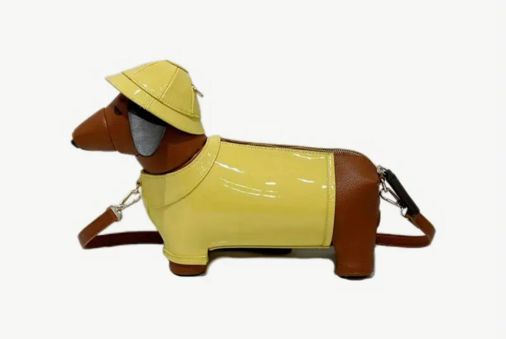 Dachshund Dog in Raincoat Handbag ( with vegan leather strap)