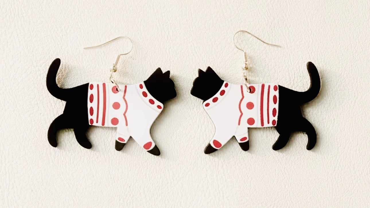 Black Cat in Sweater earrings