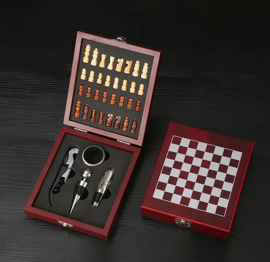 Wooden Chess Set with Wine Bottle Opener & Stopper