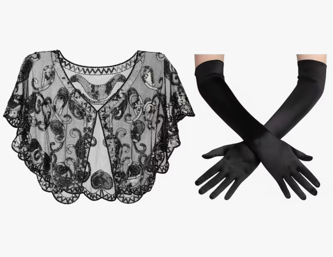 1920’s Black laced shawl and matching gloves