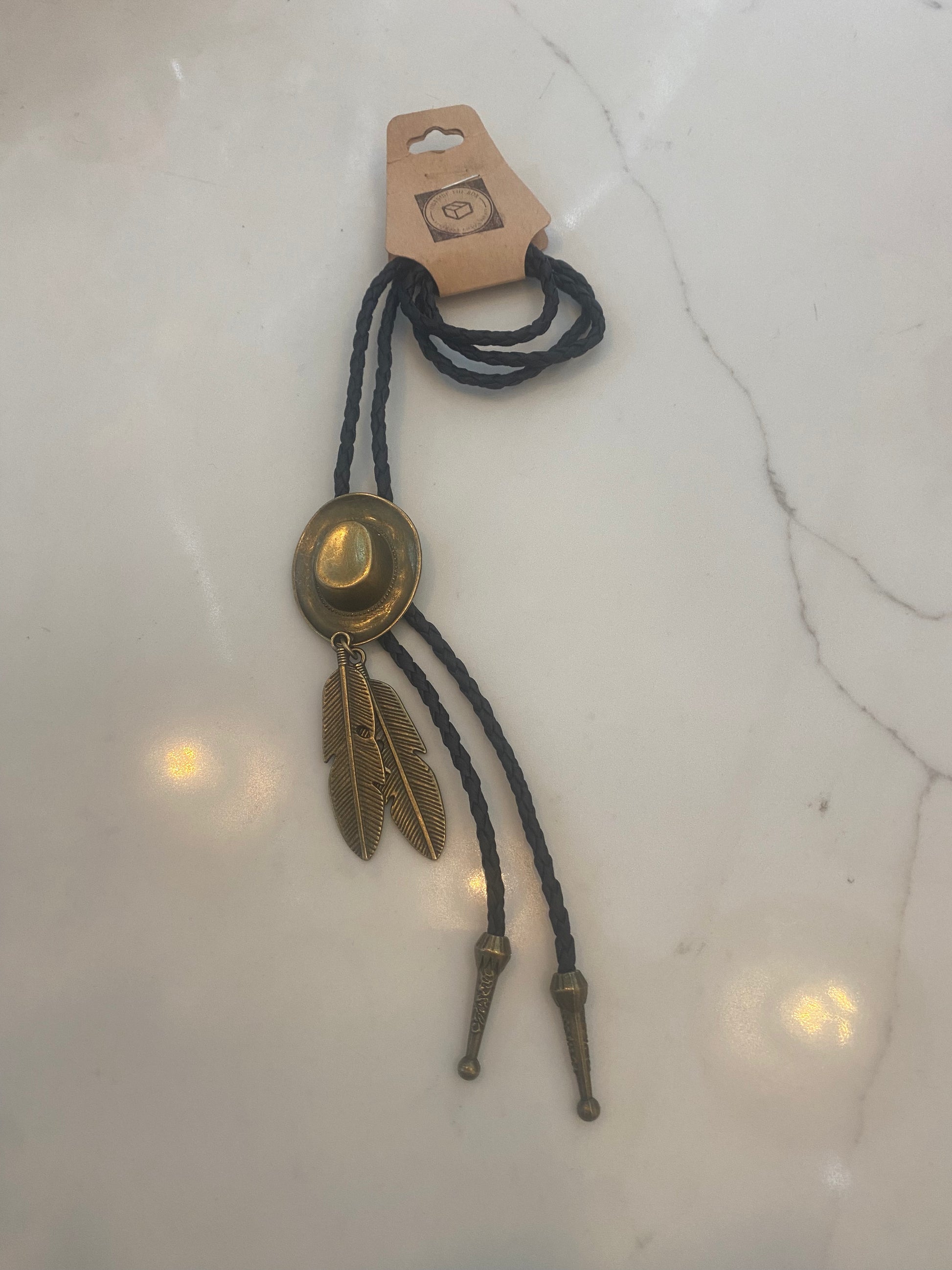Western Cowboy Bolo Tie - Hat and Feather