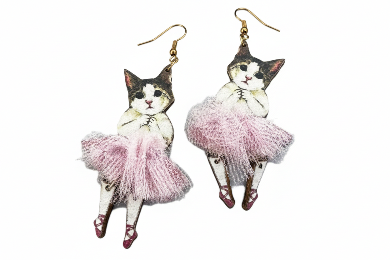 Wooden Ballerina Cat Earrings
