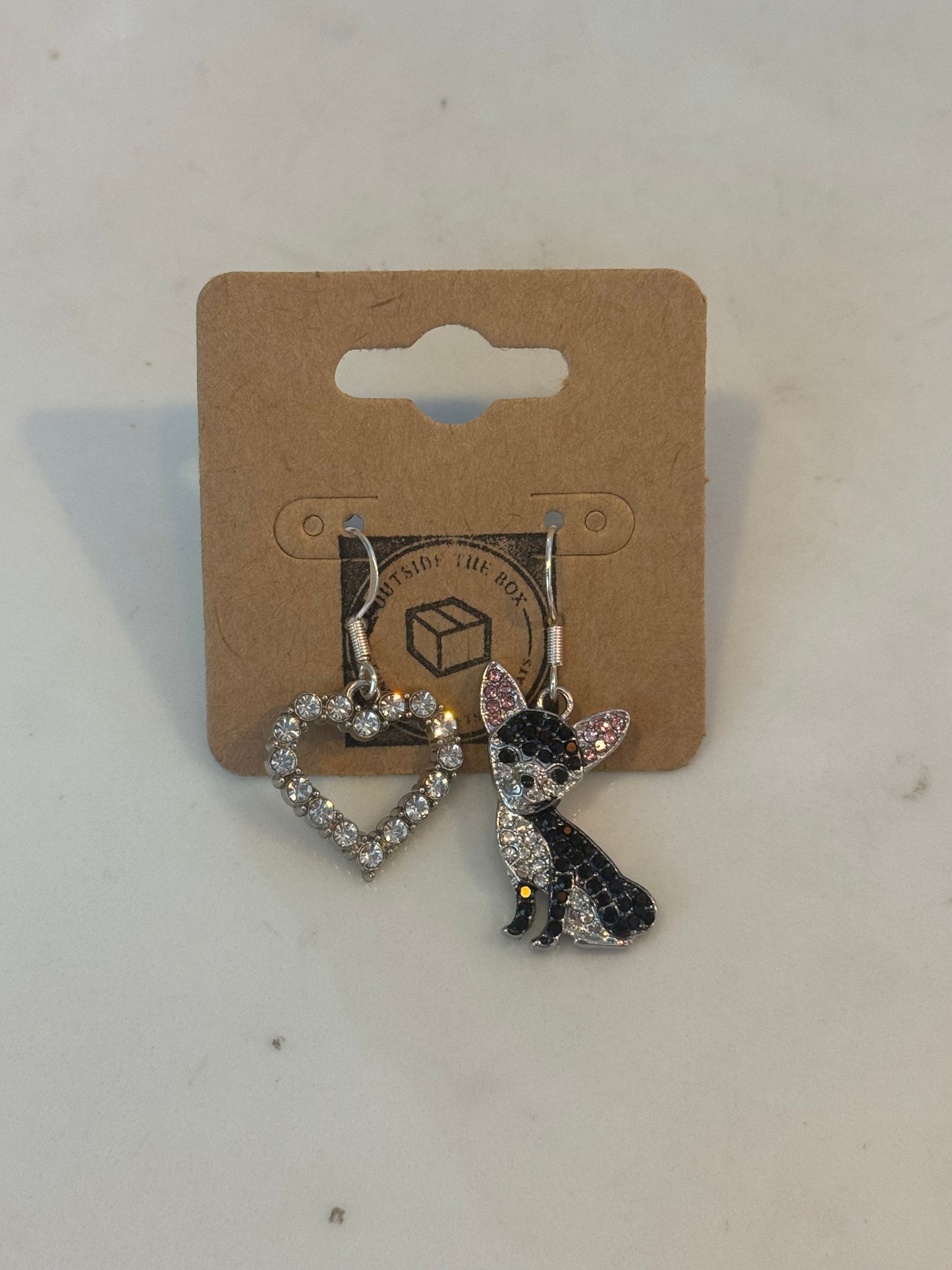 Crystal dog & heart sterling silver earrings