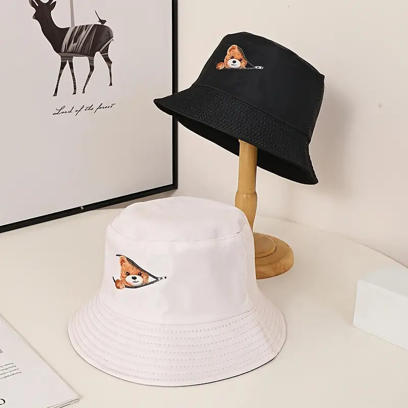 Chapeau seau à fermeture éclair avec ours