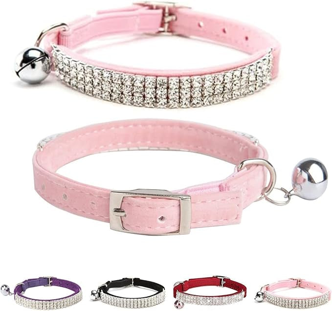 Pink Velvet diamonte cat collar with bell