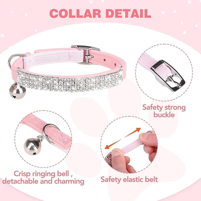 Pink Velvet diamonte cat collar with bell