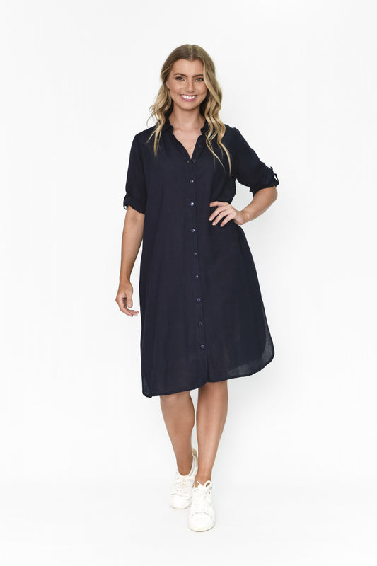 Linen Blend LULA Shirt Dress (Navy)