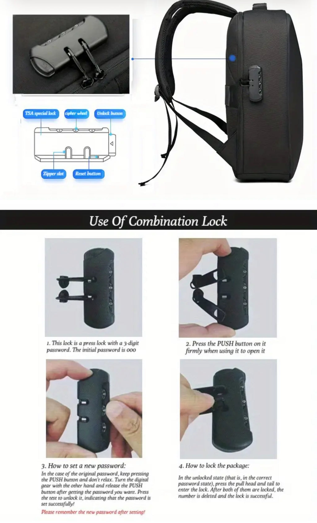 Sac à dos noir pour ordinateur portable avec serrure à combinaison et chargeur USB