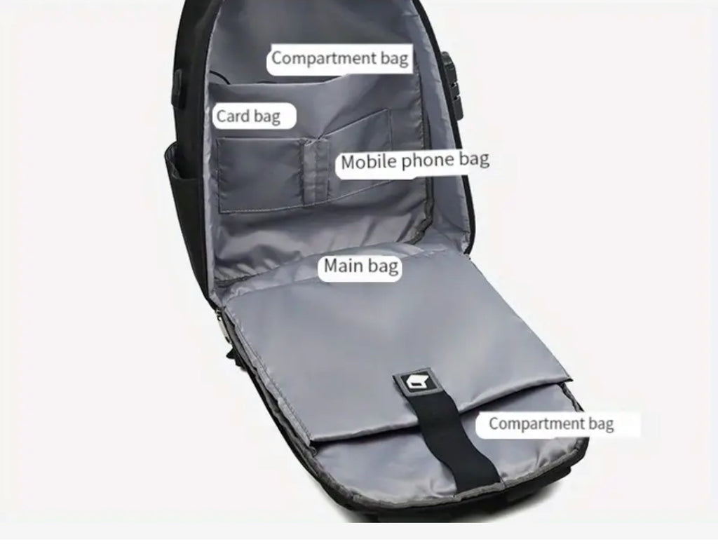 Sac à dos noir pour ordinateur portable avec serrure à combinaison et chargeur USB