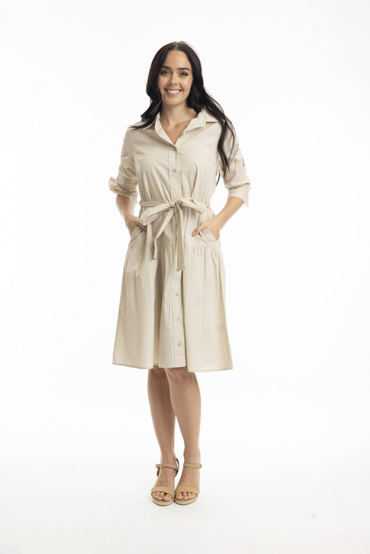 100% Organic Cotton POPLIN Buttonthrough Dress with Belt (Sand)