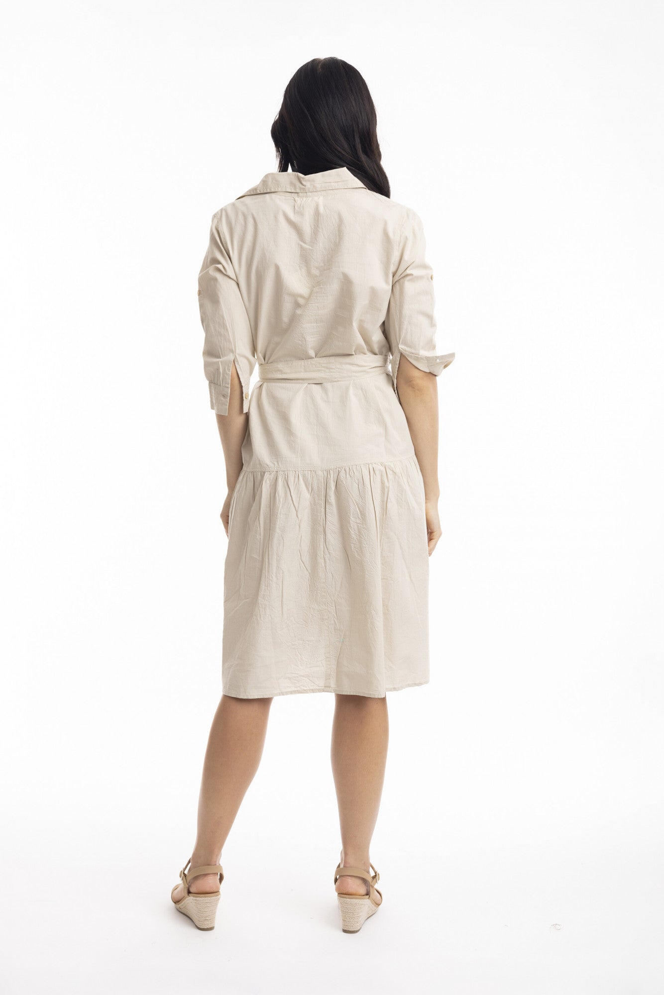 100% Organic Cotton POPLIN Buttonthrough Dress with Belt (Sand)