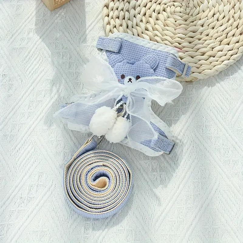 Harnais bleu pour chien/chat avec motif lapin