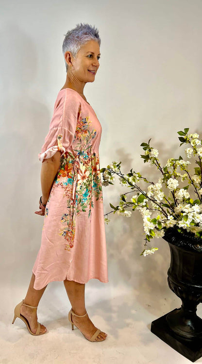 Linen/Cotton Pink Leaf Floral Waist Tied Dress