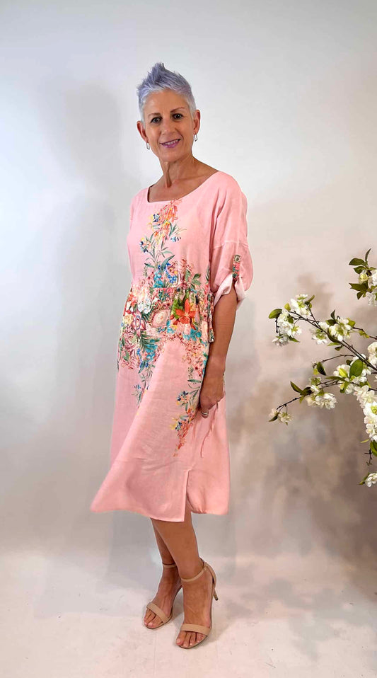 Linen/Cotton Pink Leaf Floral Waist Tied Dress