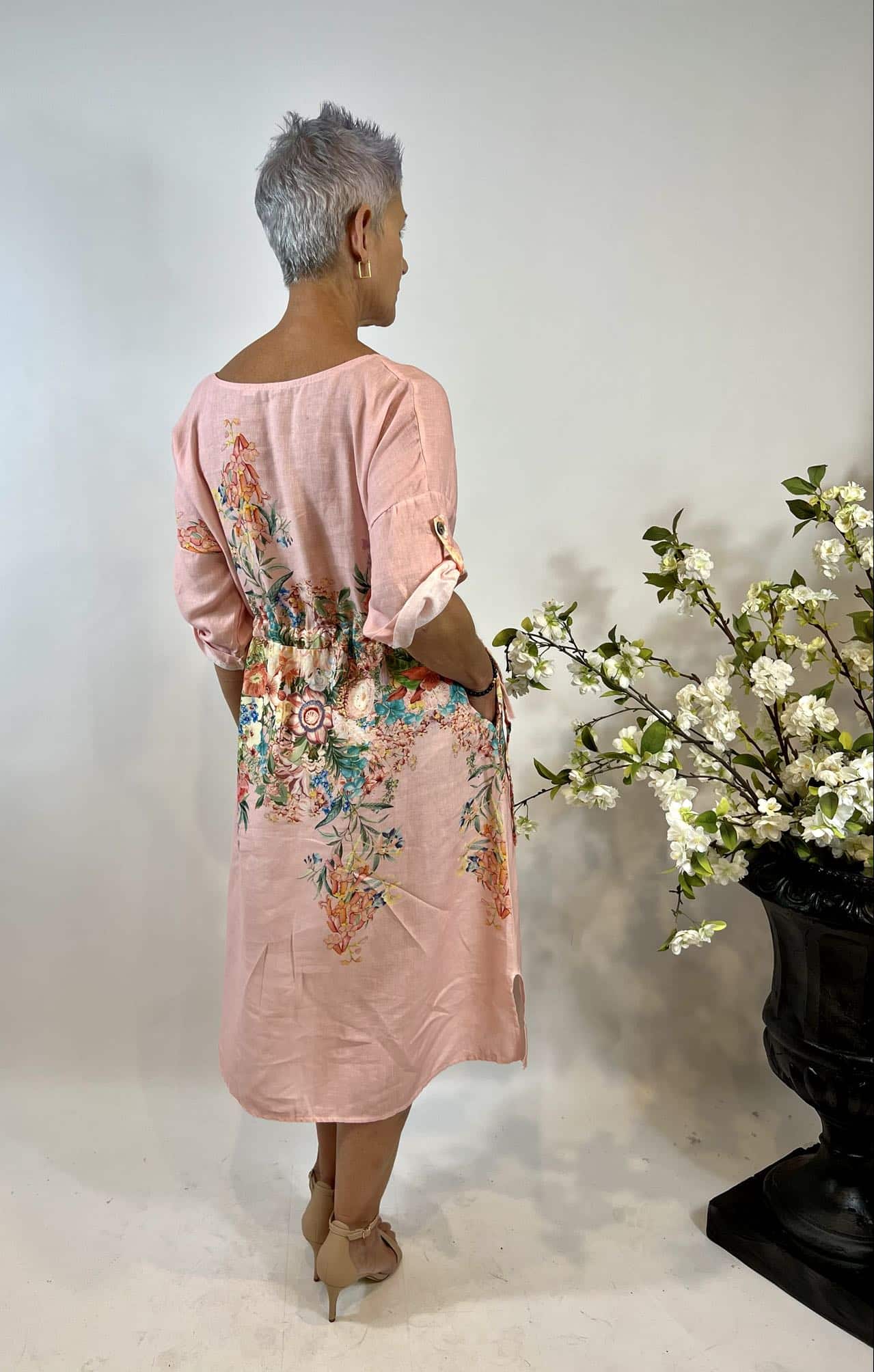 Linen/Cotton Pink Leaf Floral Waist Tied Dress