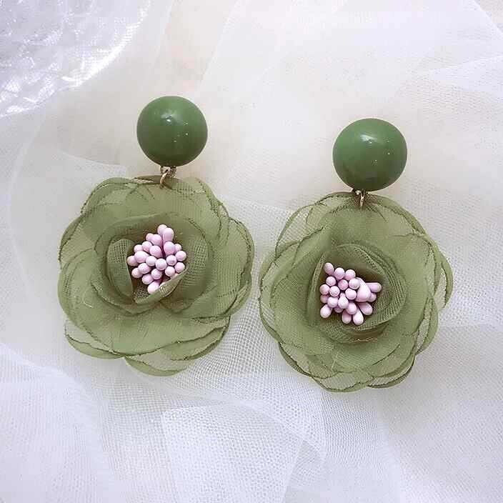 Green chiffon flower earrings