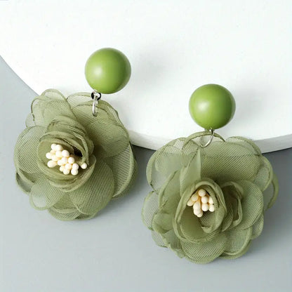 Green chiffon flower earrings