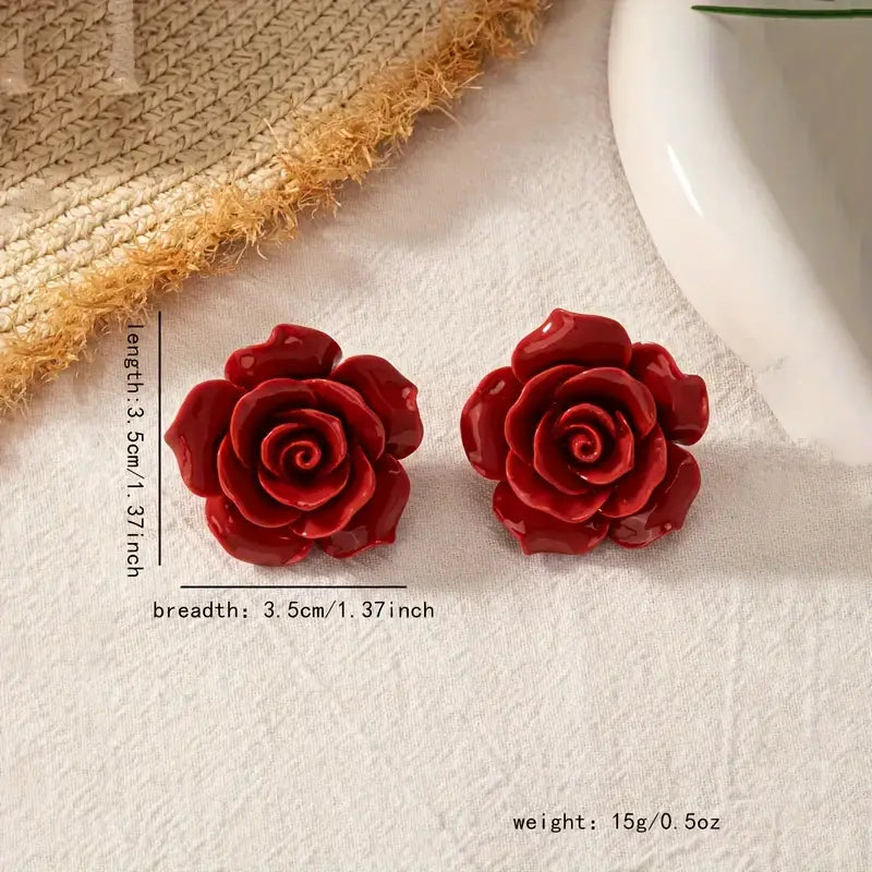 Boucles d'oreilles à tige en acrylique rouge avec rose