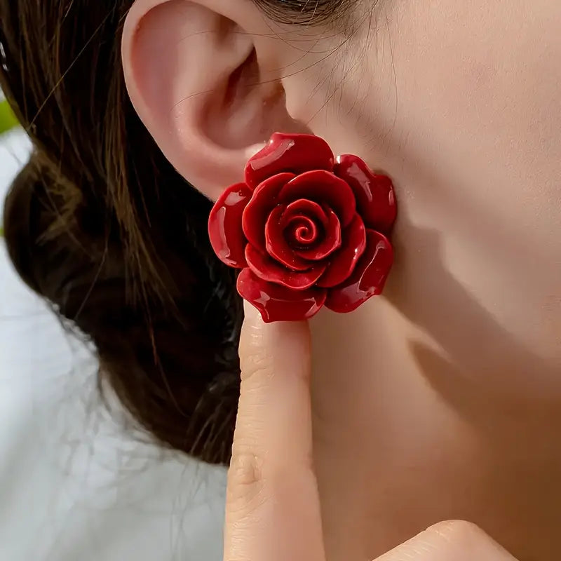Boucles d'oreilles à tige en acrylique rouge avec rose