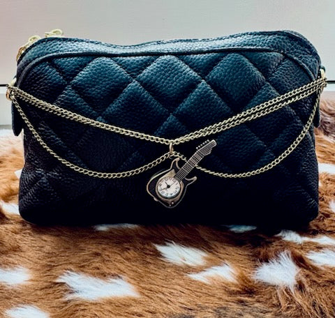 Leather quilted guitar clock handbag