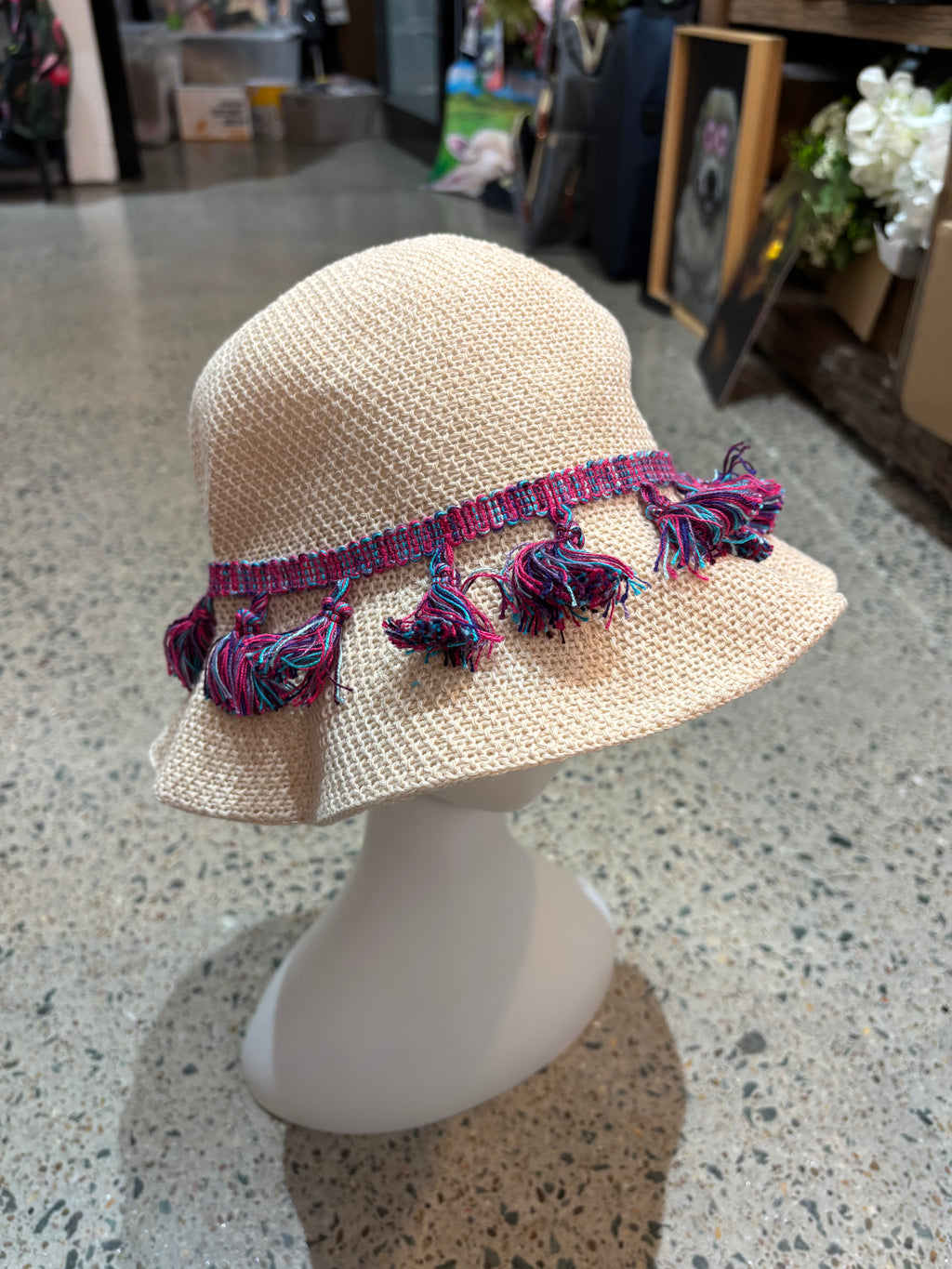 Woven tassel bucket hat