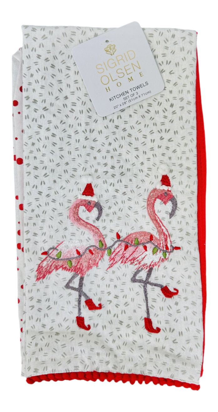 Pink Flamingo Christmas tea towel set of 3 (by Sigrid Olsen Home)