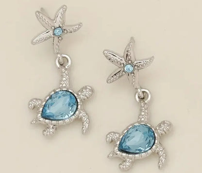 Turtle and starfish crystal stud earrings