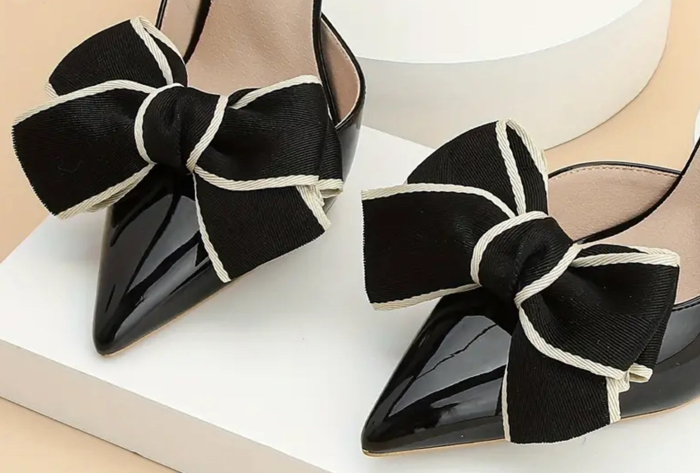 Bow shoe clips with black  ribbon with white edging