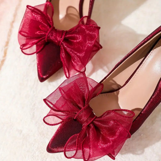 Red chiffon bow shoe clips