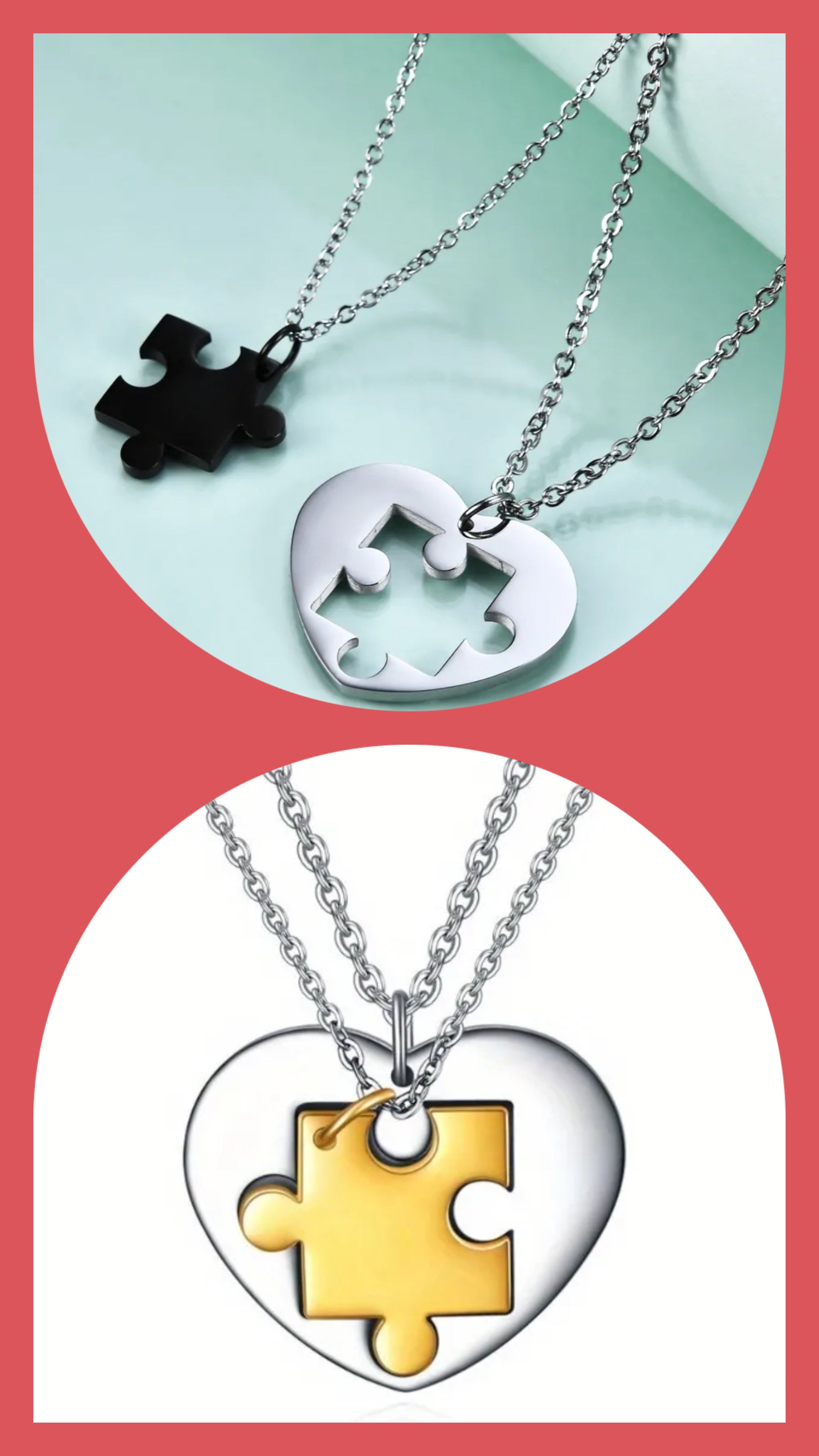 Une paire de colliers en forme de cœur en forme de puzzle