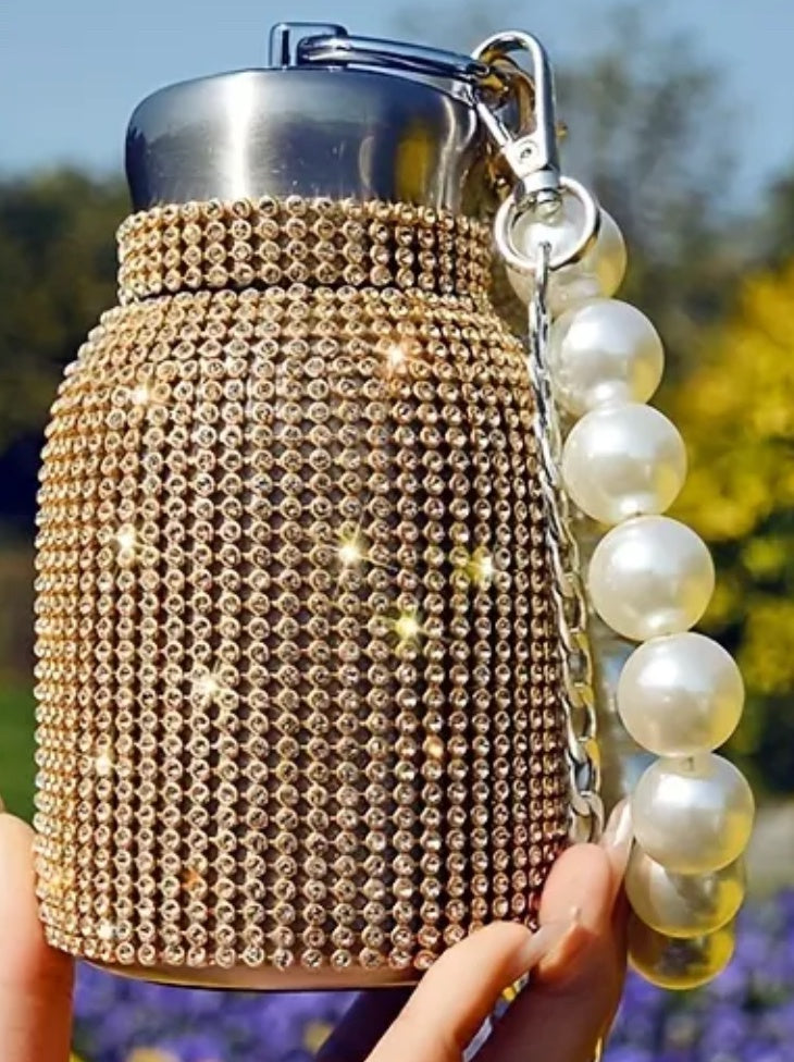 Gold diamonte water bottle with Pearl handle