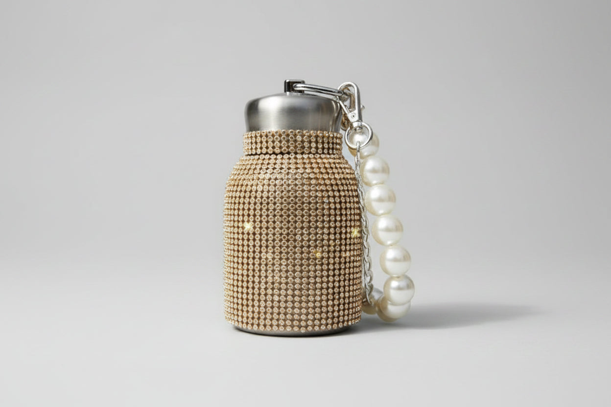 Gold diamonte water bottle with Pearl handle