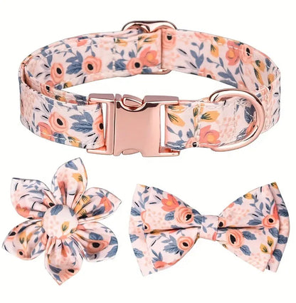 Fabric collar with removable bow and flower