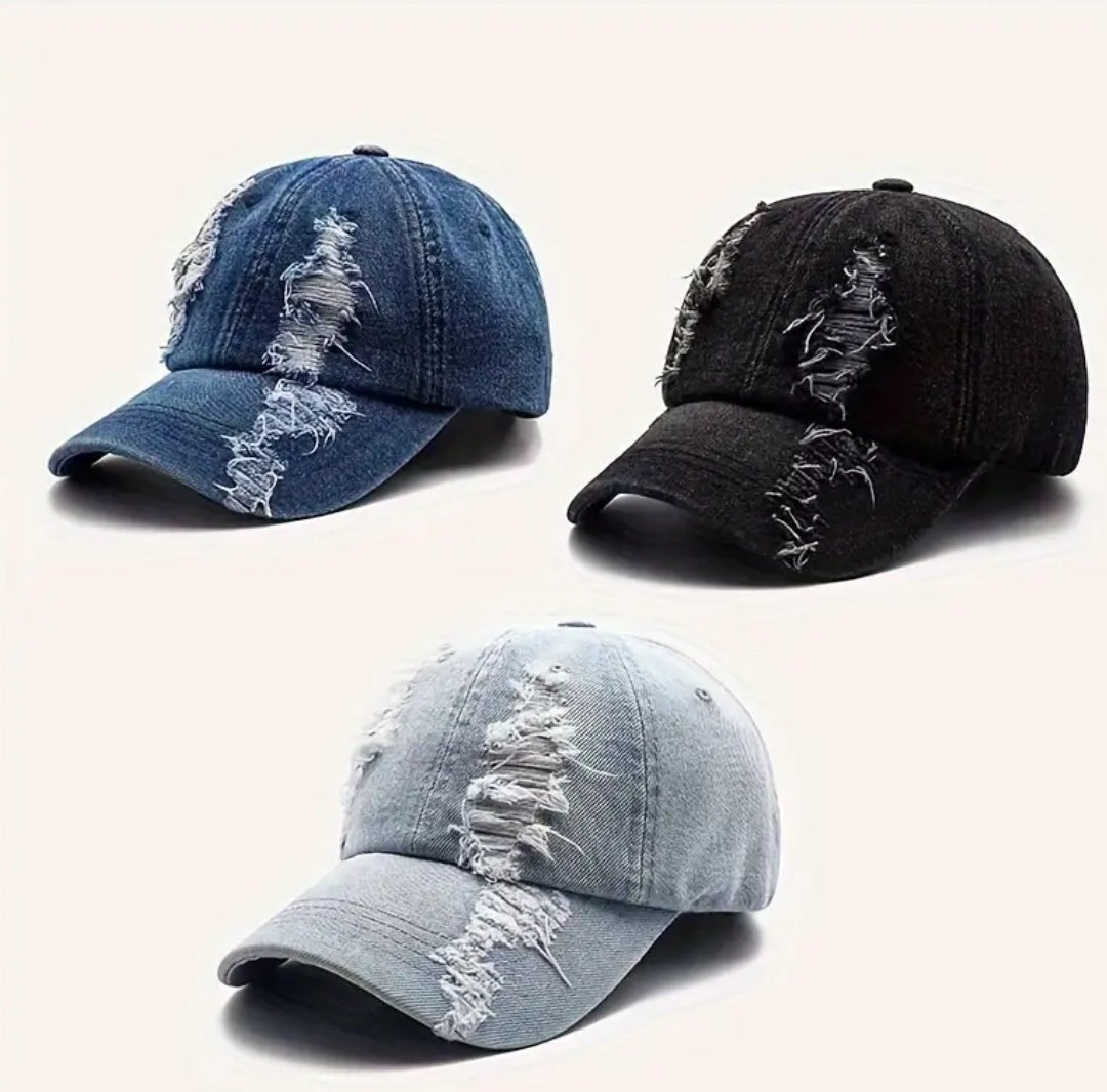 Distressed denim cap