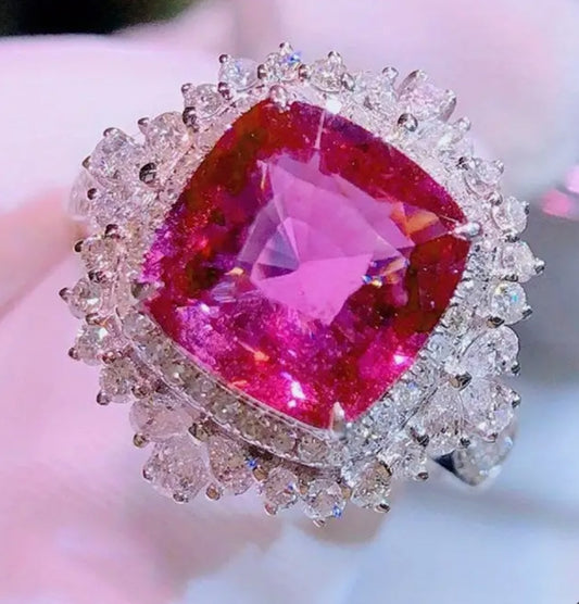 Zirconia hot pink gem with diamonte halo ring