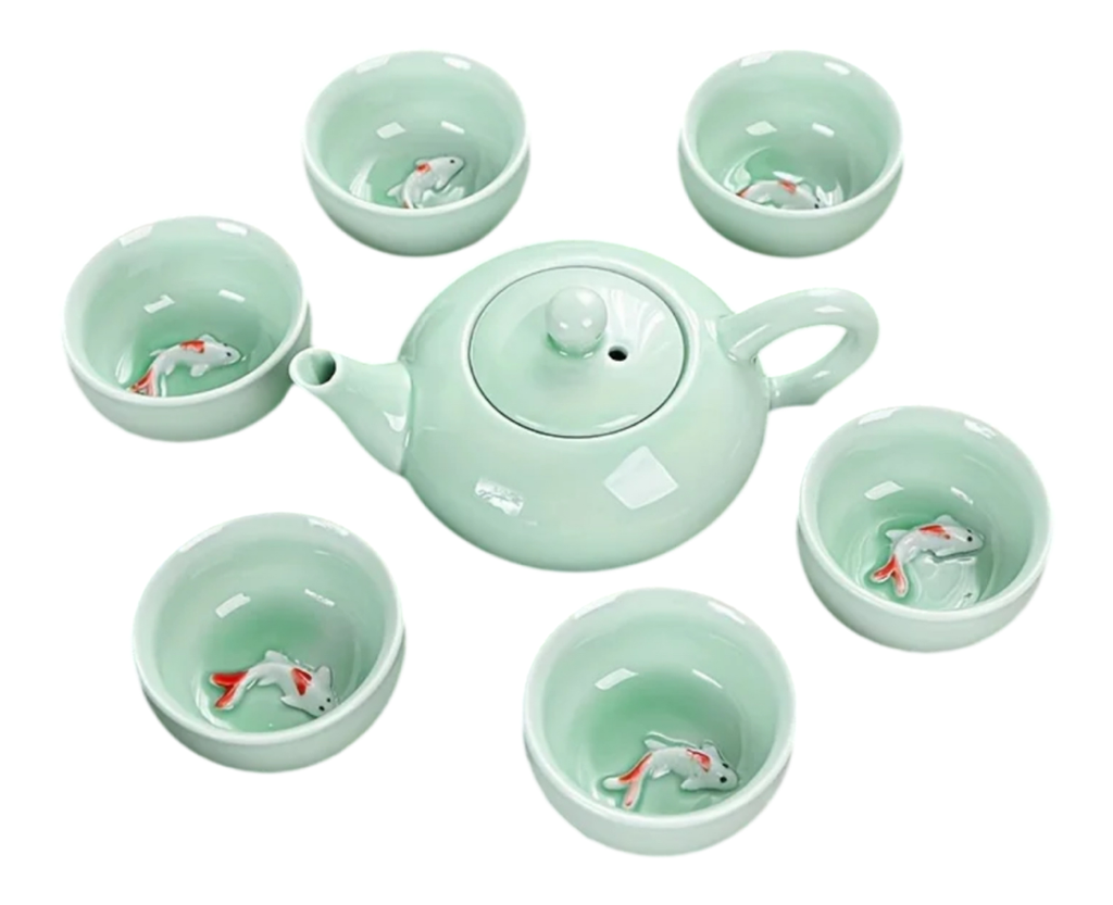 Théière en céramique et 6 tasses en forme de poisson rouge