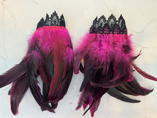 Pink Lace Feather Wrist Cuffs