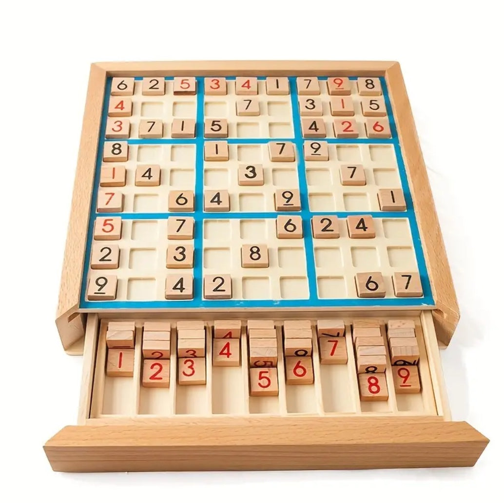 Sudoku wooden puzzle board with drawer