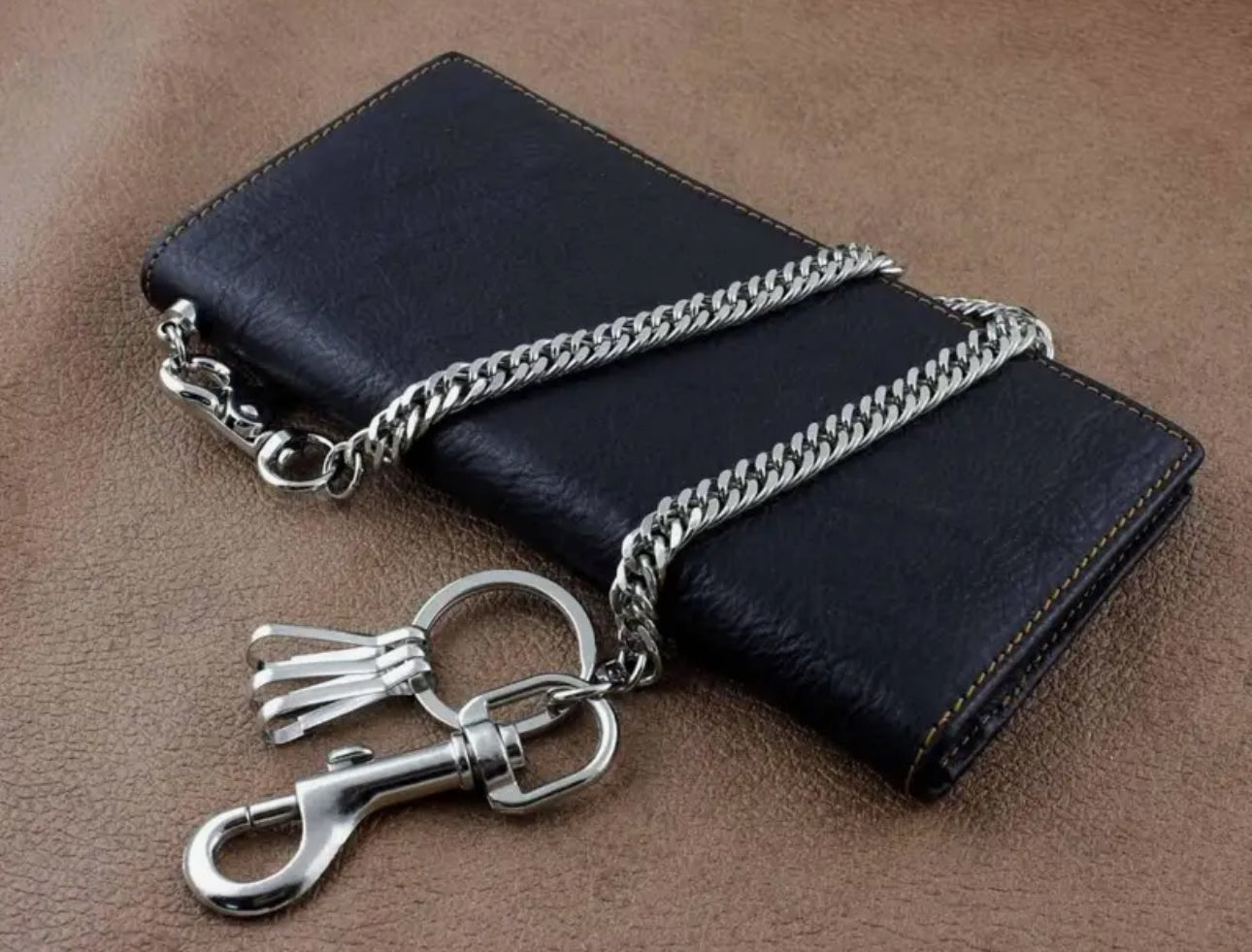 Genuine leather black long wallet with chain