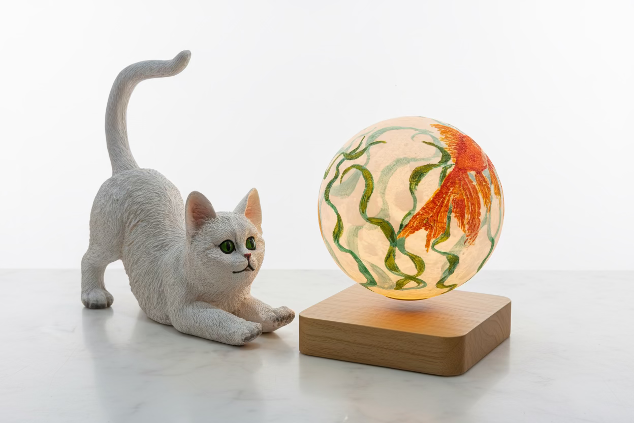 Curious Cat & Goldfish Levitating Lamp Set