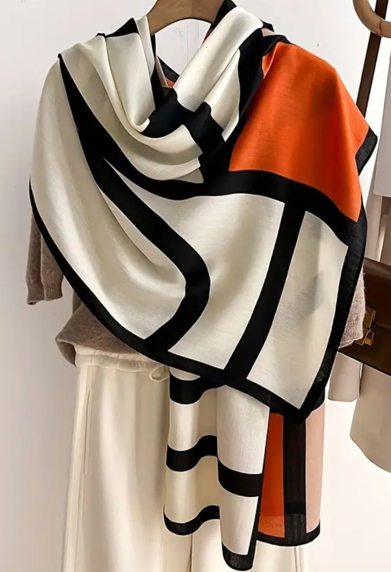 Écharpe géométrique moderne noire, beige et orange